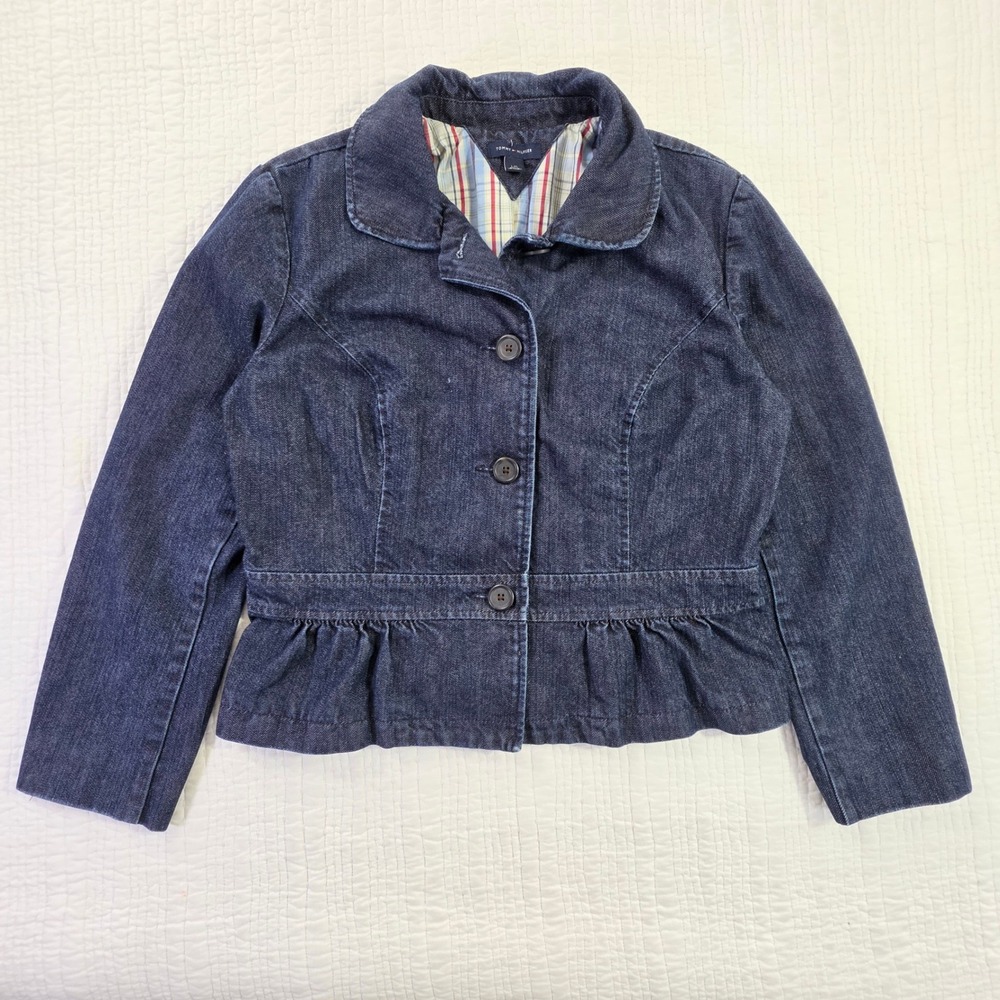 TH Blue Jean Ruffle Hem Coat Tartan Flannel Interior Western Cabincore Womens L
